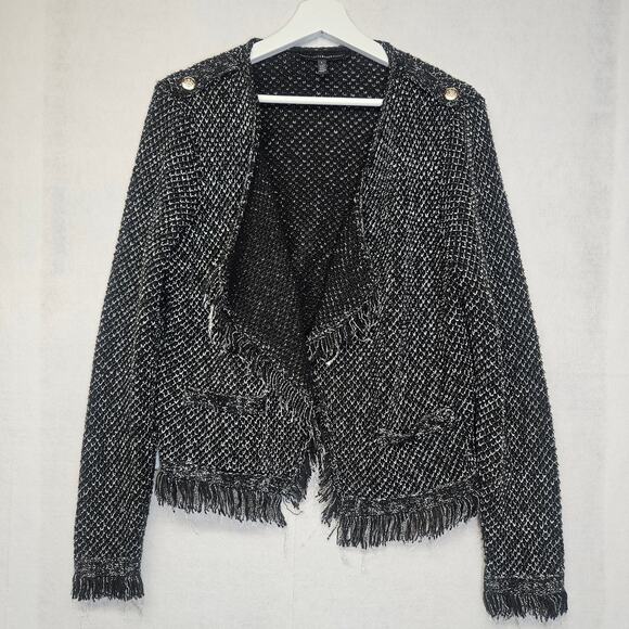 White House Black Market Black White Frayed Fringe hem Open Front Jacket - Picture 1 of 10
